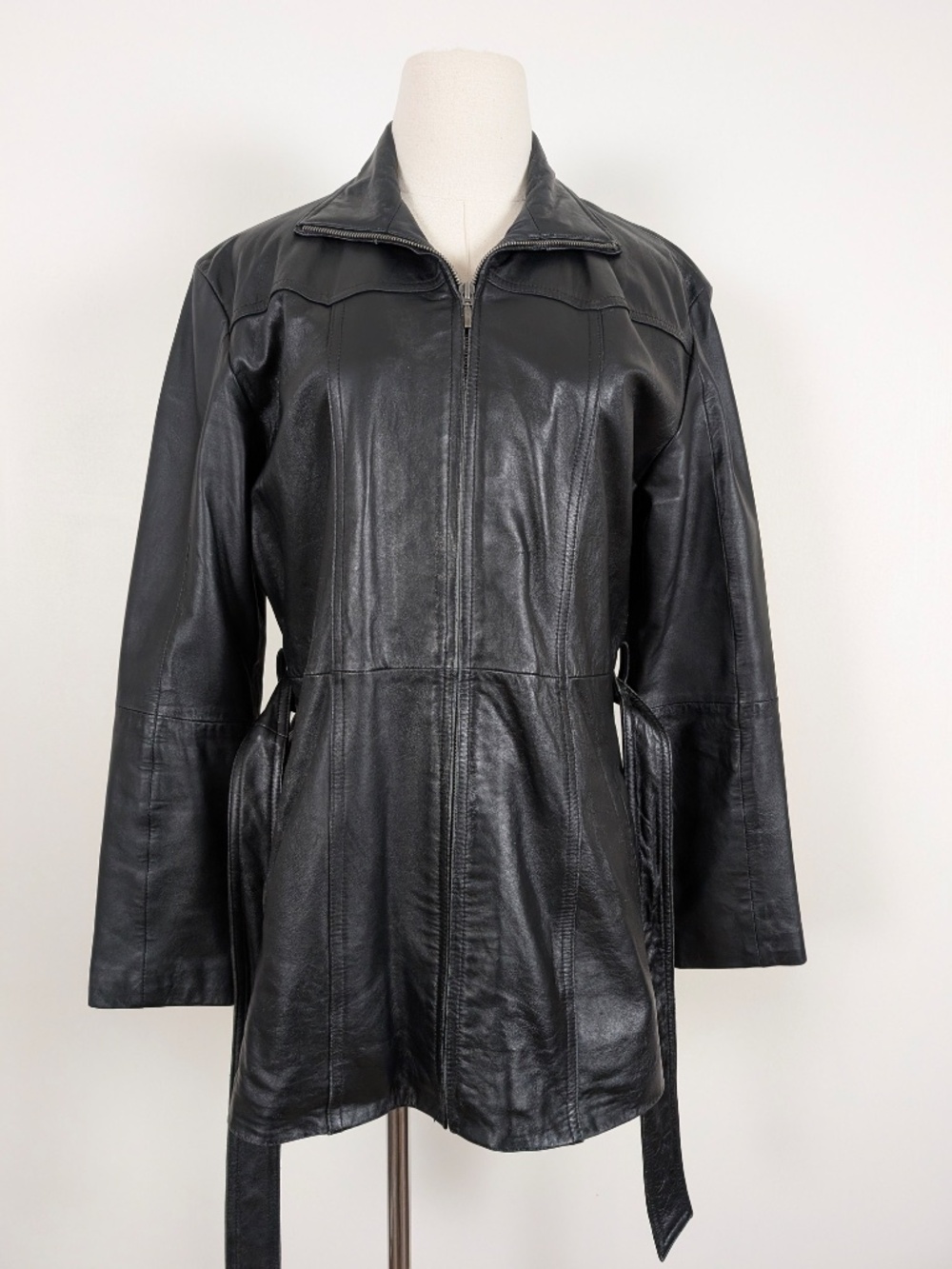 Vintage Leather Jacket Belted Size Medium Black Biker - Picture 5 of 14